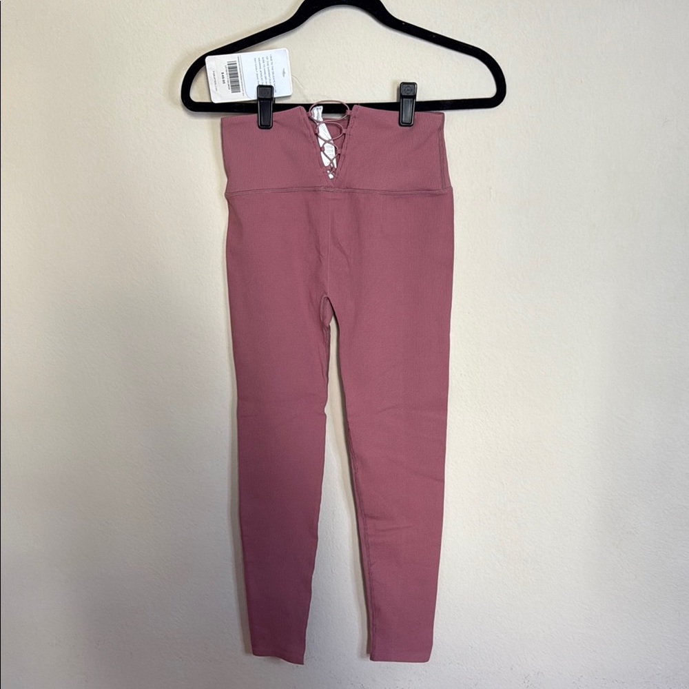 Lace Up Back Ribbed Pink Leggings - Picture 5 of 10